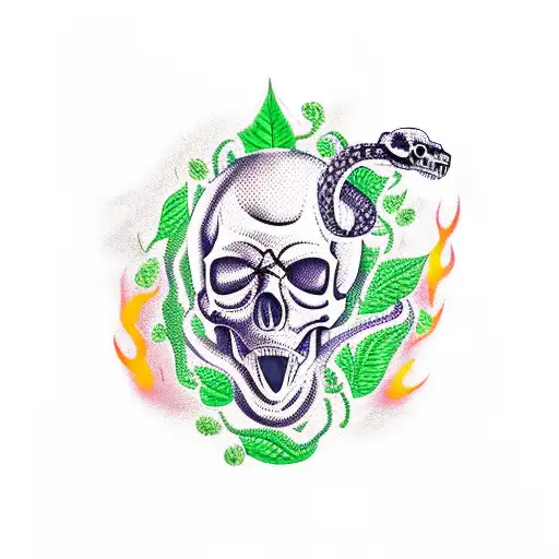 A skull with an evil snake in green leaves and flames tattoo design idea