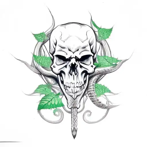 A skull with an evil snake in green leaves and flames tattoo design idea