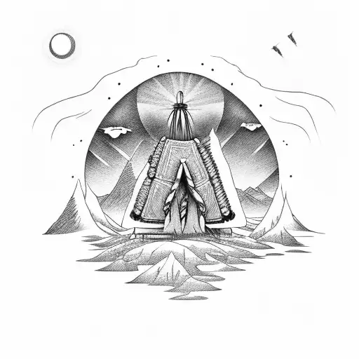  Indigenous landscape with totem pole and huts tattoo design idea