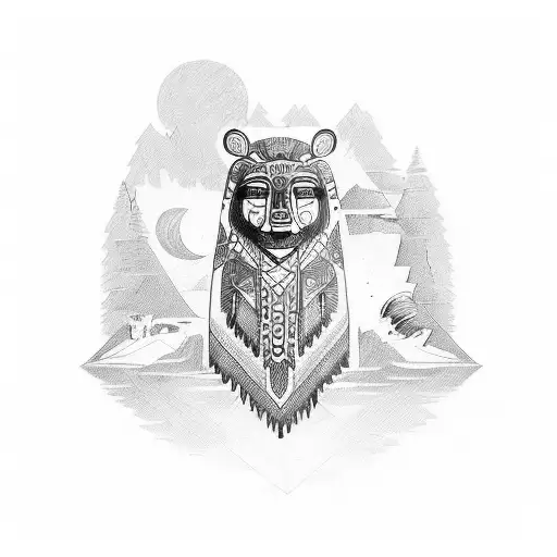 Paisagem indígena com totem e cabanas tattoo design idea