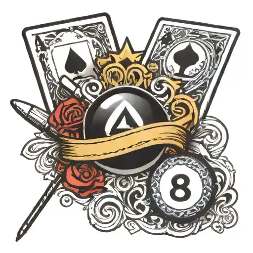 8 Ball with a pool cue and 4 suited aces symbols incorporated tattoo design idea