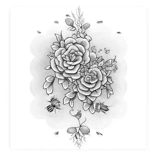flowering vines twining around electric guitar, drums, and bass, with bees tattoo design idea