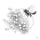 flowering vines twining around electric guitar, drums, and bass, with bees tattoo design idea