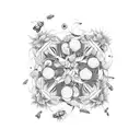 flowering vines twining around electric guitar, drums, and bass, with bees tattoo design idea