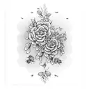 flowering vines twining around electric guitar, drums, and bass, with bees tattoo design idea