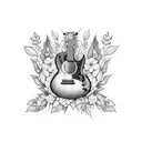 flowering vines twining around electric guitar, drums, and bass, with bees tattoo design idea