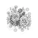 flowering vines twining around electric guitar, drums, and bass, with bees tattoo design idea