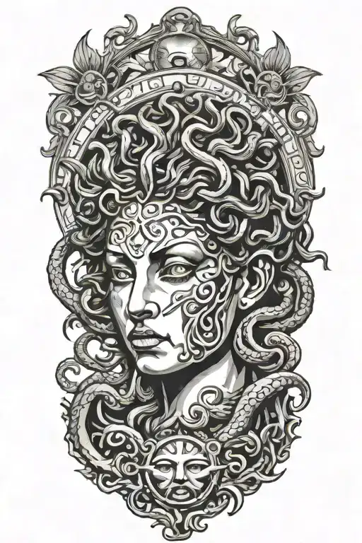 medusa with sun in back ground tattoo design idea