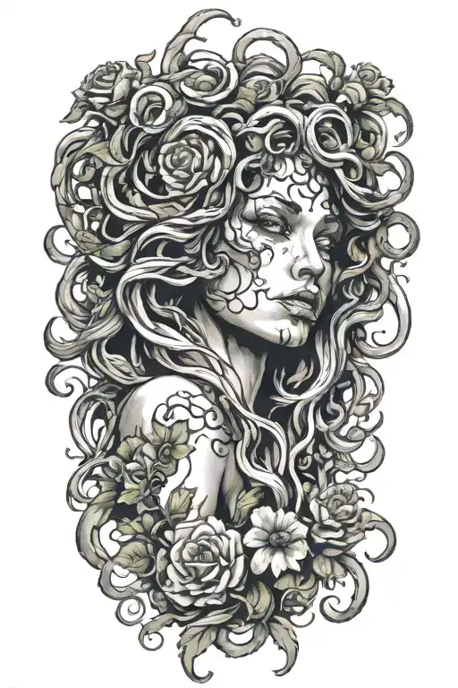 medusa with dying flowers tattoo design idea