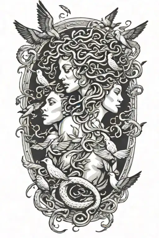 medusa with birds flying away tattoo design idea