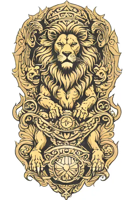 An angelic lion playing sports with a group of dogs tattoo design idea