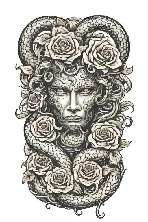 Medusa head snakes and roses tattoo design idea