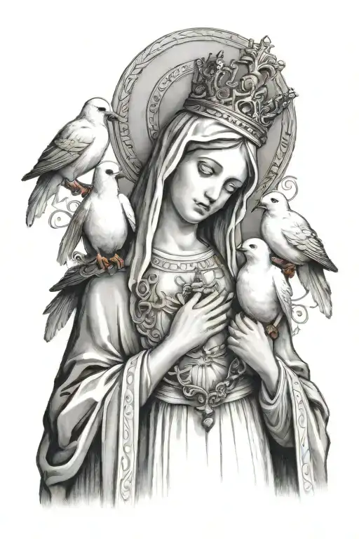 mother Mary with a rosary, three doves, Christian themes, Italian themes, crown of thorns tattoo design idea