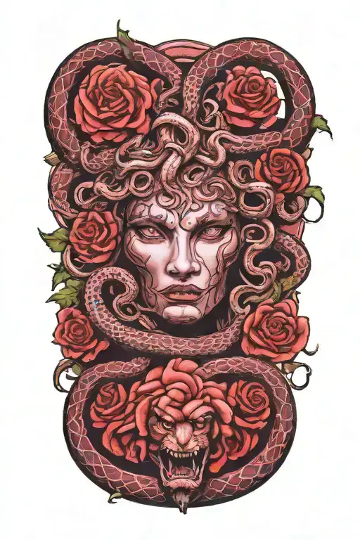 Medusa head snakes and roses tattoo design idea