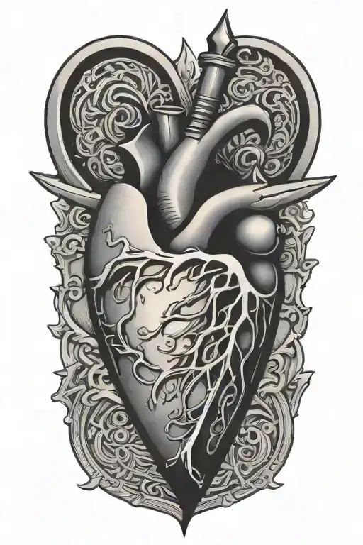 heart with knife piercing tattoo design idea
