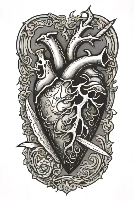 heart with knife piercing tattoo design idea