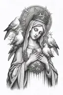 mother Mary with a rosary, three doves, Christian themes, Italian themes, crown of thorns tattoo design idea
