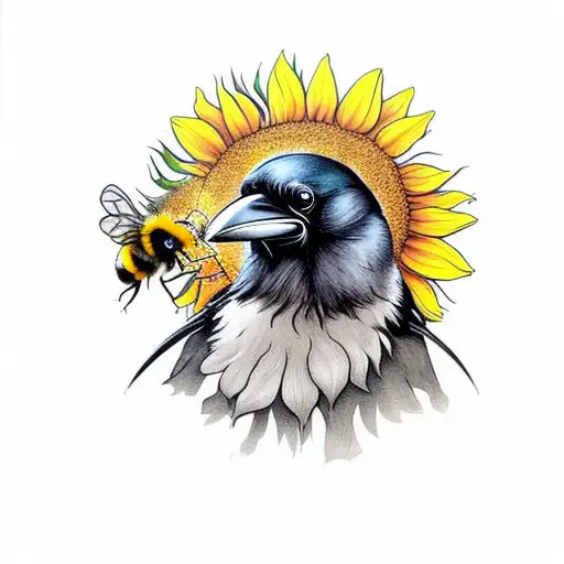 Raven and a sunflower with bumblebees tattoo design idea