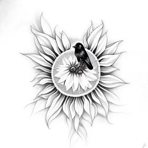 Raven and a sunflower with bumblebees tattoo design idea