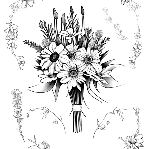 A wedding bouquet with a daffodil, a daisy, a gladiolus, a violet, and a marigold connected with a stem tattoo design idea