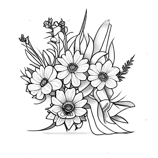 A bouquet of flowers with a daffodil, a daisy, a gladiolus, a violet, and a marigold tattoo design idea