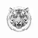 A powerful tiger in a fierce pose, surrounded by money and technology symbols tattoo design idea