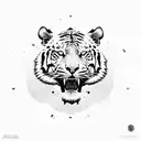 A powerful tiger in a fierce pose, surrounded by money and technology symbols tattoo design idea