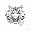 A powerful tiger in a fierce pose, surrounded by money and technology symbols tattoo design idea