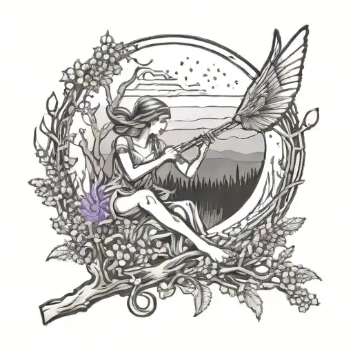 A mystical forest scene with a flute-playing fairy sitting on a tree branch, surrounded by lavender fields and a view of Whidbey island in the distance tattoo design idea