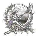 A mystical forest scene with a flute-playing fairy sitting on a tree branch, surrounded by lavender fields and a view of Whidbey island in the distance tattoo design idea