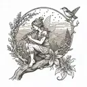 A mystical forest scene with a flute-playing fairy sitting on a tree branch, surrounded by lavender fields and a view of Whidbey island in the distance tattoo design idea