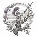 A mystical forest scene with a flute-playing fairy sitting on a tree branch, surrounded by lavender fields and a view of Whidbey island in the distance tattoo design idea