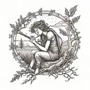 A mystical forest scene with a flute-playing fairy sitting on a tree branch, surrounded by lavender fields and a view of Whidbey island in the distance tattoo design idea