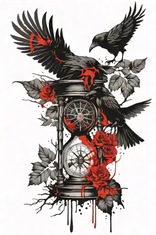 hourglass, compass, branches, raven, direction, red paint lines tattoo design idea