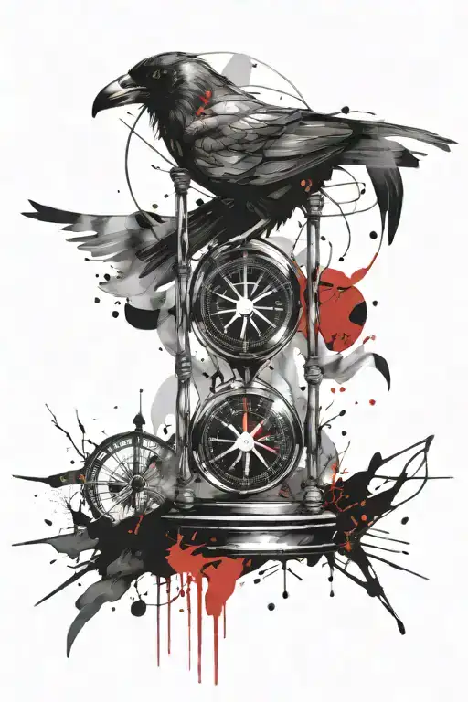 hourglass, compass, raven, direction, abstract lines  tattoo design idea