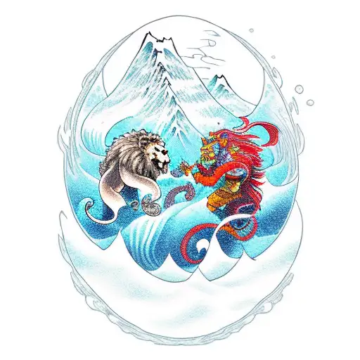 a lion and an oni fighting under a sea wave with a mountain in the background; vertical orientation; colored  tattoo design idea