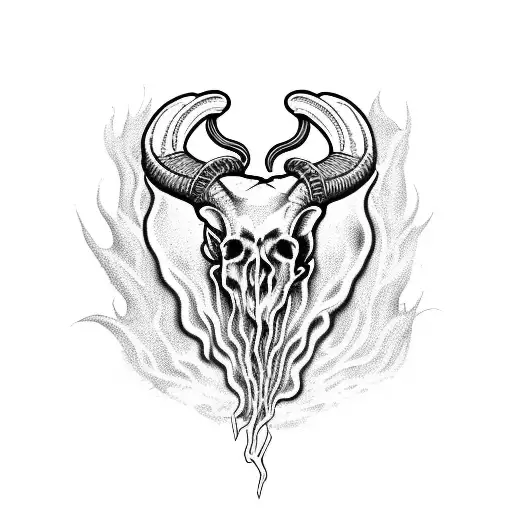 A death metal band logo featuring a ram skull surrounded by flames tattoo design idea