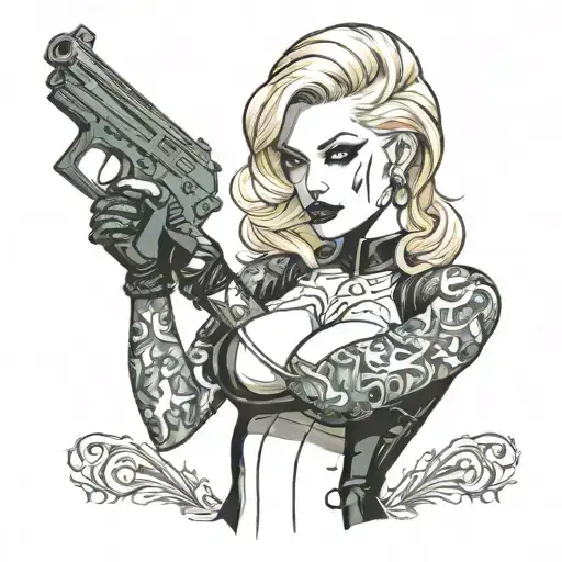 blonde women in latex with gun tattoo design idea