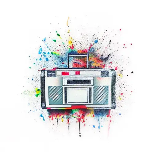 A traditional tattoo of a boombox surrounded by paint splatters tattoo design idea