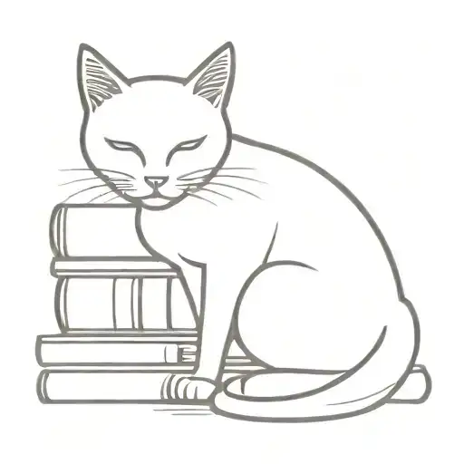 A minimalist tattoo design featuring a cat curled up next to a stack of books tattoo design idea