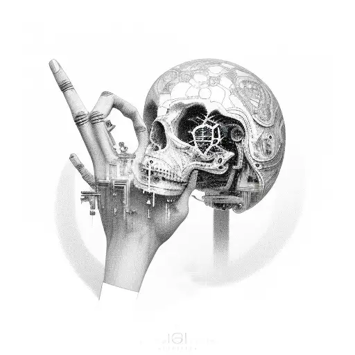 cybersigilism on the hand that extends from the forearm to the index finger and ring finger tattoo design idea