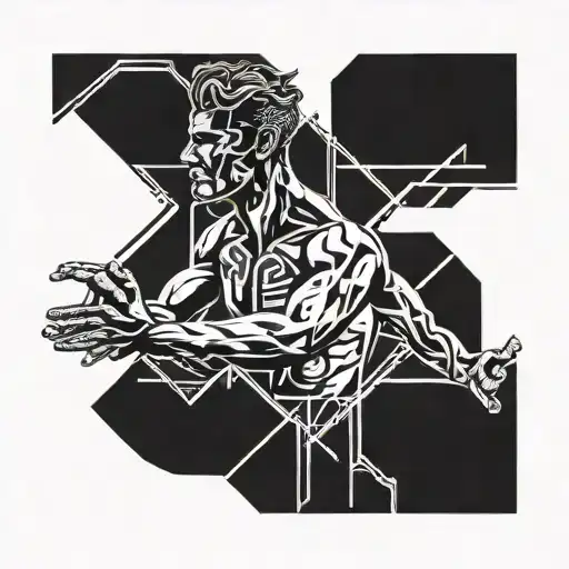 An abstract tattoo representing the connection between the mind and body in MMA training, incorporating symbolic imagery of strength and determination in blackwork style tattoo design idea