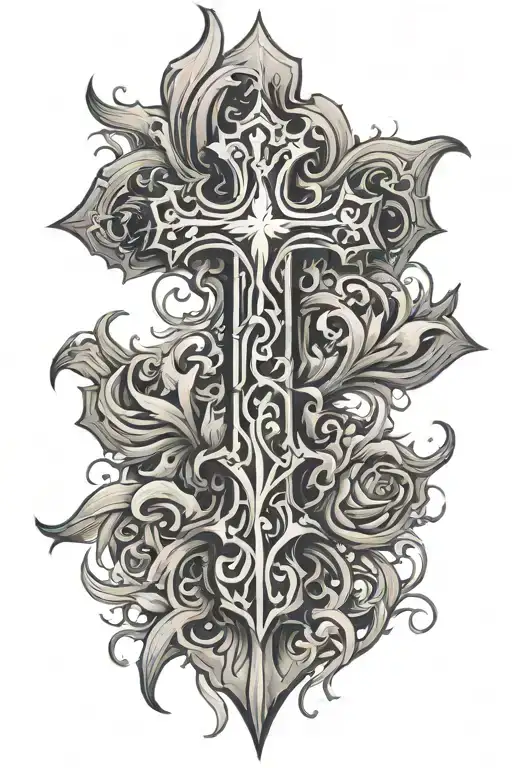 cross and flames left arm sleeve tattoo design idea