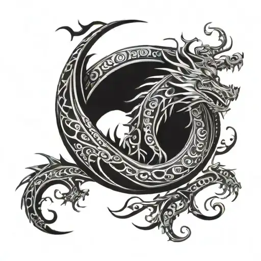 A dragon curled around a crescent moon, symbolizing power and mystery under the night sky tattoo design idea