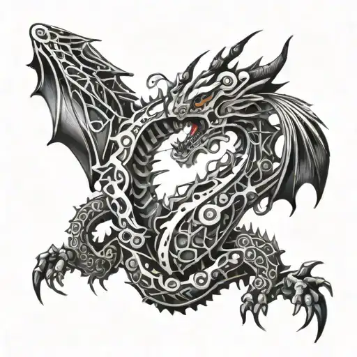 A mechanical dragon intertwined with circuit patterns, symbolizing the fusion of technology and fantasy tattoo design idea