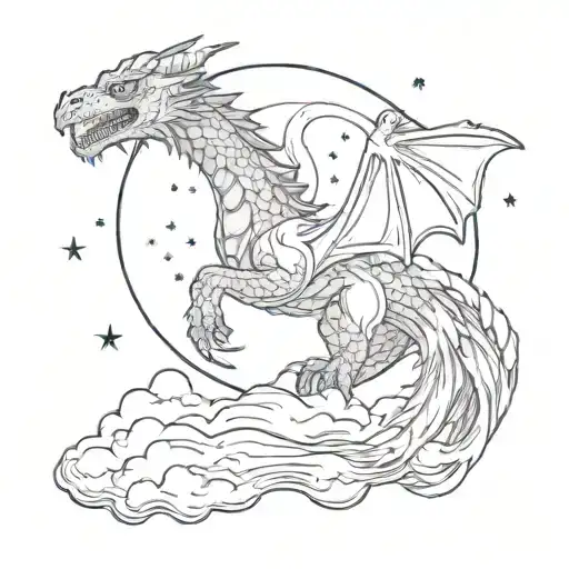 A dragon flying through a starry night sky, with the moon as its backdrop tattoo design idea