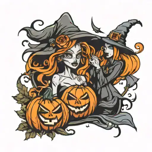 jack o' lantern and witch tattoo design idea