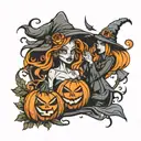 jack o' lantern and witch tattoo design idea