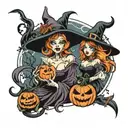jack o' lantern and witch tattoo design idea