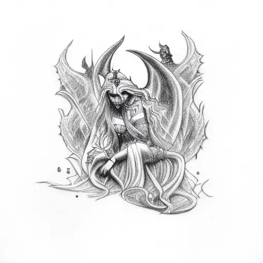 dark sleeve tattoo, goddess lilith, cerberus, demons, witchy tattoo design idea